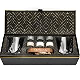 Juego de regalo de piedras de whisky - 6 piedras de granito redondas artesanales para degustación - 2 vasos de cristal superior - Soporte de exhibición de madera maciza - Caja de regalo de lámina dorada
