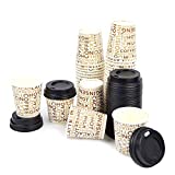 UDS 100 VASOS DE PAPEL CL 10 (4 OZ) DECORADOS CON ESCRITURA MARRÓN PARA CAFÉ + UDS 100 TAPAS NEGRAS CON PICO
