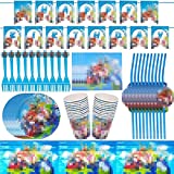 Juego de vajilla de fiesta reutilizable Babioms, incluye mantel, platos de papel, pañuelos de papel, vasos de papel, pajitas, tenedores, pancarta, 62 piezas