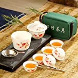 Juego de té de viaje estilo LINOC, 4 juegos de té, taza de té portátil de cerámica de hueso de China, taza de té de porcelana Gaiwan, juego de tetera para exteriores de Kung Fu