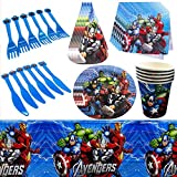 Kit de decoración de superhéroe, JPYH Vajilla para fiesta de cumpleaños, 67 piezas Suministros para fiestas Juegos de vajilla, Platos, Tazas, Servilletas, Cubiertos, Banner, Mantel, Kit, Decoraciones de cumpleaños