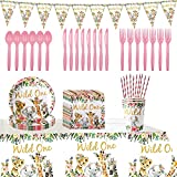 Juego de 82 suministros para fiestas Wild One, suministros para fiestas temáticas de animales Nesloonp con platos, vasos, servilletas, carteles para niños, baby shower, decoración de cumpleaños