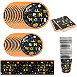 INTVN Juego de Vajilla Temática de Halloween de Papel Desechable - Servicio para 24 Personas - Ideal para Fiestas y Fiestas - Juego Completo de Vasos, Platos de 9 Pulgadas, Platos de 7 Pulgadas, Servilletas y Mantel