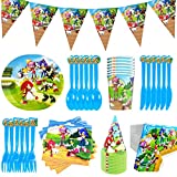 Vajilla para fiesta de cumpleaños, juego de vajilla para fiesta sónica de 78 piezas, servilletas sónicas, pajitas, pancartas, cuchillos, tenedores y cucharas, vasos de papel, sombreros de papel, mantel