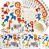 Doyomtoy 61 piezas de vajilla para mascotas, vajilla de fiesta con temática de animales, que incluye platos de animales, vasos, servilletas, manteles, decoración de mesa de cumpleaños de animales de la selva para niños